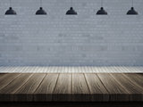 Wooden table with defocussed empty room image