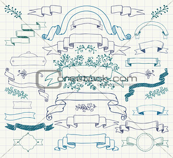 Vector Colorful Pen Drawing Ribbons, Banners, Florals