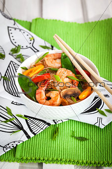 Rice glass noodles with shrimps and vegetables