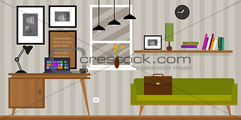 home interior work space table and sofa