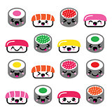 Cute Kawaii sushi - Japanese food vector icons set
