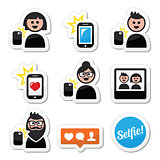 Man, woman taking selfie with mobile or cell phone icons set