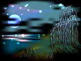 Night landscape with lake and reeds in the light of the moon