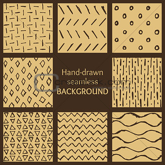 Set of hand-drawn hipster sketch seamless patterns background