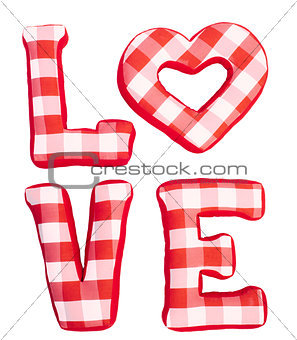 Love word of plush red letters on white isolated background. Full plaid textile