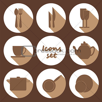 Round icons set of kitchen utensil in flat design style - colore