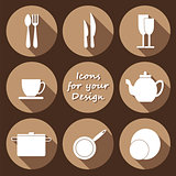 Round icons set of kitchen utensil in monochrome