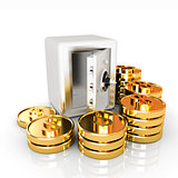 open a bank vault with a bunch of gold coins. isolated on white.