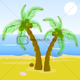 Cartoon beautiful beach with palm tree
