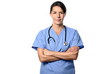 Friendly female physician wearing medical uniform
