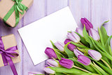 Purple tulip bouquet, greeting card and gifts