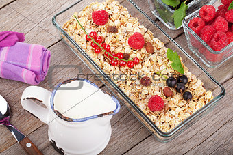 Healthy breakfast with muesli, milk and berries