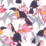 Tropical Seamless Background with Exotic Flowers and Toucan, 