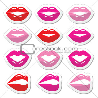 Lips, kiss red, pink and black glossy icons
