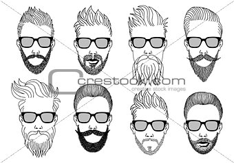 hipster faces with beard, vector set
