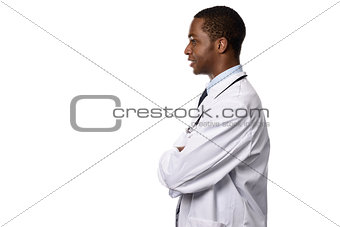 African Male Doctor in Side View Isolated on White