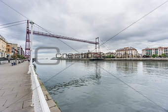Ultra Wide view of the Bizkaia suspension bridge and promenade