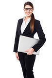 Confident female manager holding laptop