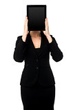 Woman hiding her face with tablet pc