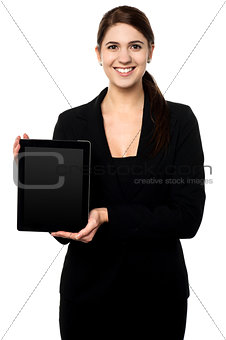 Female presenting brand new tablet pc