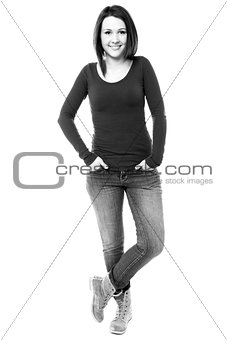 Woman in trendy wear. Black and white image