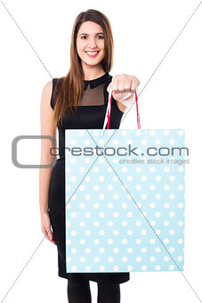 Pretty young model presenting a shopping bag