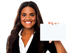 Woman showing blank rectangular billboard