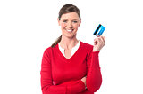 Pretty lady showing her cash card