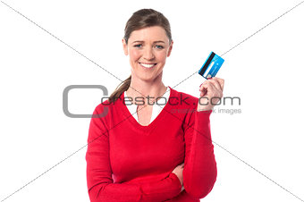 Pretty lady showing her cash card