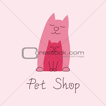 Cat mother and kitten tender embrace, sign for pet shop logo
