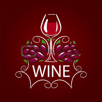 vector logo glass of wine and grapes on burgundy background