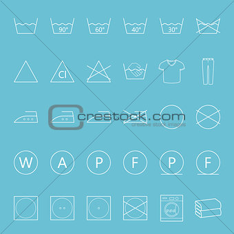Washing and ironing clothes thin lines icon set