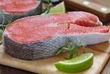 Raw red salmon steaks