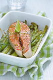 Baked red salmon with asparagus