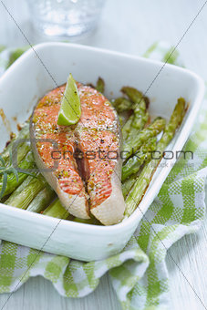 Baked red salmon with asparagus