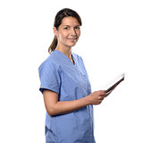 Happy nurse or doctor using a thin PC tablet
