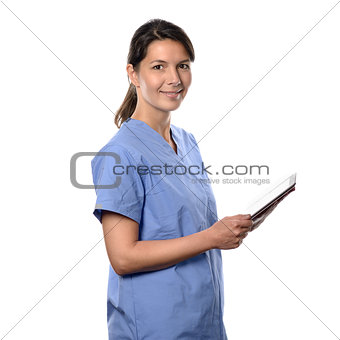 Happy nurse or doctor using a thin PC tablet