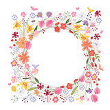 Vintage round frame with contour field flowers on white