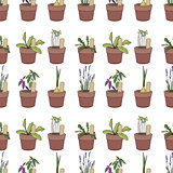 Seamless pattern with herbs and vegetables in flower pots. Simple soft colors, contour.