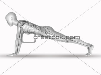 3D female medical figure with skeleton in yoga position