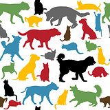 Seamless background with colorful cats and dogs silhouettes