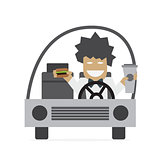 Man in car eating burger and drinking coffee