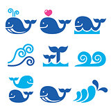 Whale, sea or ocean waves blue icons set