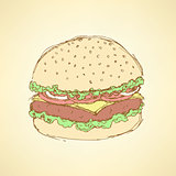 Sketch tasty hamburger in vintage style