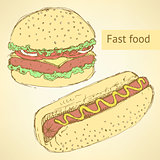 Sketch hot dog and hamburger in vintage style
