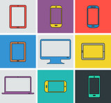 Flat modern colored electronic gadgets