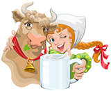 Girl hugging a cow and a farmer holding a cup of milk