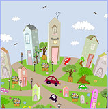 Vector background summer city with cars on the roads