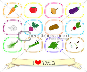 Set of labels with vegetables. Vector illustration.