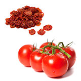 Ripe tomato on bunch and dried slices of tomato